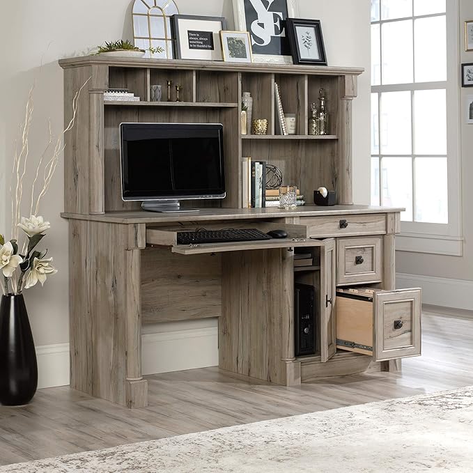 Sauder Palladia Computer Desk with Hutch, Home Office Desk with Drawers, File Cabinet Storage Drawer, Cable Management, Keyboard Tray, in Split Oak Finish