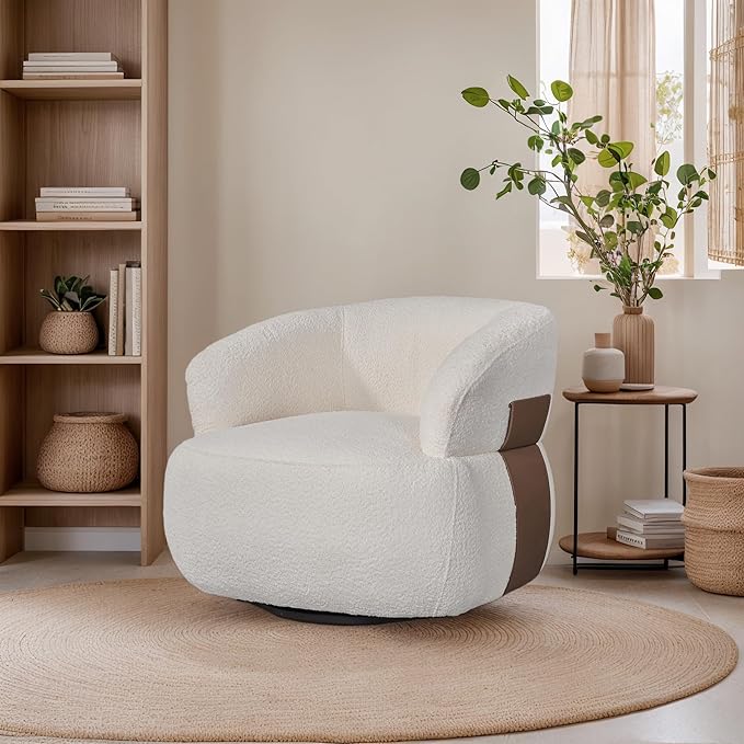 Swivel Barrel Accent Chairs-Modern Round Club Arm Chair Upholstered Living Room Armchair, Single Sofa Seating Bedroom Side Reading Seat for Living Roon Office (White,1 Pack)