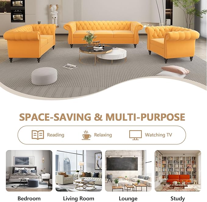 2 Piece Living Room Sofa Set, 3 Seater Velvet Sofa Couch and Chair Set, Mid Century Modern Upholstered Couch with Cushions, Comfy Tufted Chesterfield Couches for Living Room, Bedroom, Office