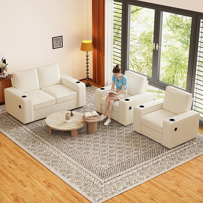 Furnimart 3-Seater Living Room Set Teddy Fabric, 58" Wide Loveseat & Accent Chair with USB Chargers, Cup Holders & High-Density Foam, Modern Sofa & Armchair Set for Apartment, Living Room(2 Colors)