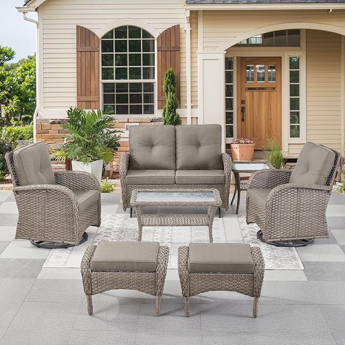 HUMMUH 7 Pieces Wicker Patio Conversation Set Outdoor Glider Loveseat with Patio Swivel Rocking Chairs Outdoor Patio Set for Deck Lawn Porch Balcony Poolside-Grey/Grey