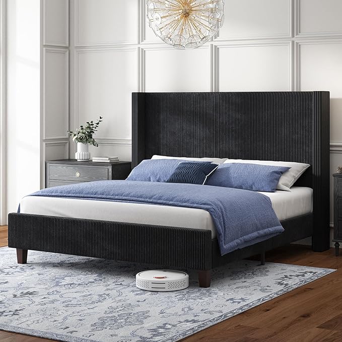 HOWE California King Size Upholstered Bed Frame, Wingback Platform Bed with 50.8" Headboard, Corduroy/Solid Wood Leg/No Box Spring Needed/Noise Free/Black
