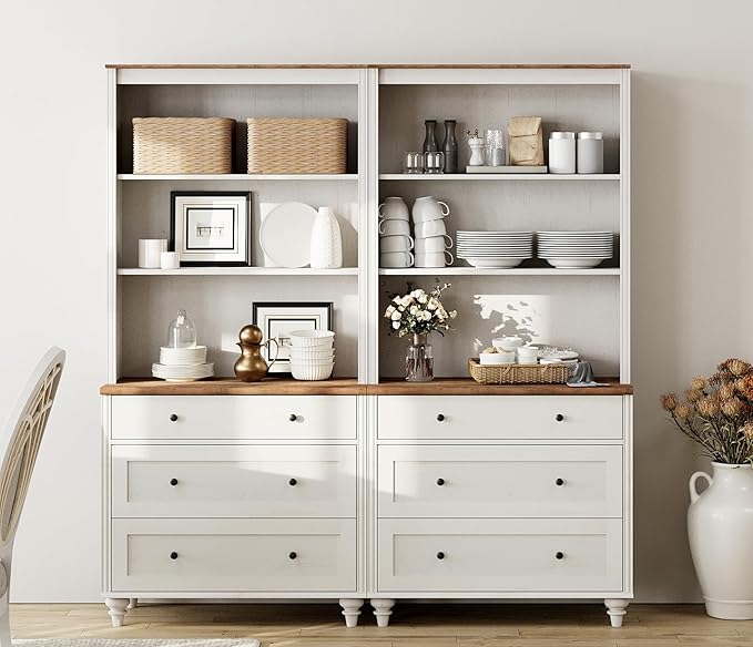 3 Tier Bookshelf with 3 Drawers, 72" Tall Bookcase Large Farmhouse Display Book Case Shelf with 3-Tier Open Book Shelfs,Library Wood Bookshelves for Living Room & Kitchen & Bedroom, Off White, 2 PCS