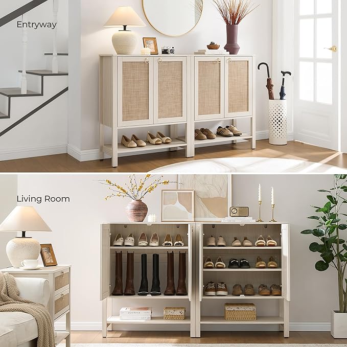 SICOTAS Shoe Cabinet with Storage - 3 Pieces Farmhouse Shoe Organizer with Rattan Doors & Shelves, 5 Tier Free Standing Shoe Rack Storage Cabinet for Entryway, Living Room, Closet (White Cream Oak)