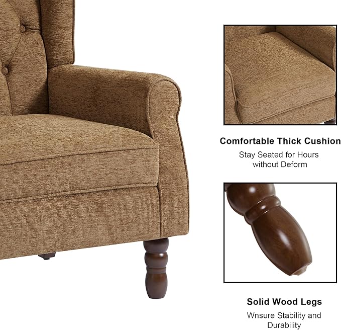 Accent Chair, Upholstered Armchair with Button Tufted High Back & Solid Wood Legs, Comfy Wingback Reading Single Sofa Chair for Small Spaces, Living Room, Bedroom (Brown, Set of 1)