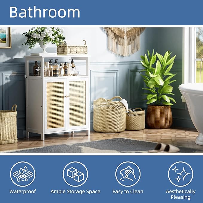 HITNET Bamboo Cabinet, Rattan Storage Cabinet with Doors, Freestanding Floor Cupboard for Bathroom, Living Room, Hallway, White