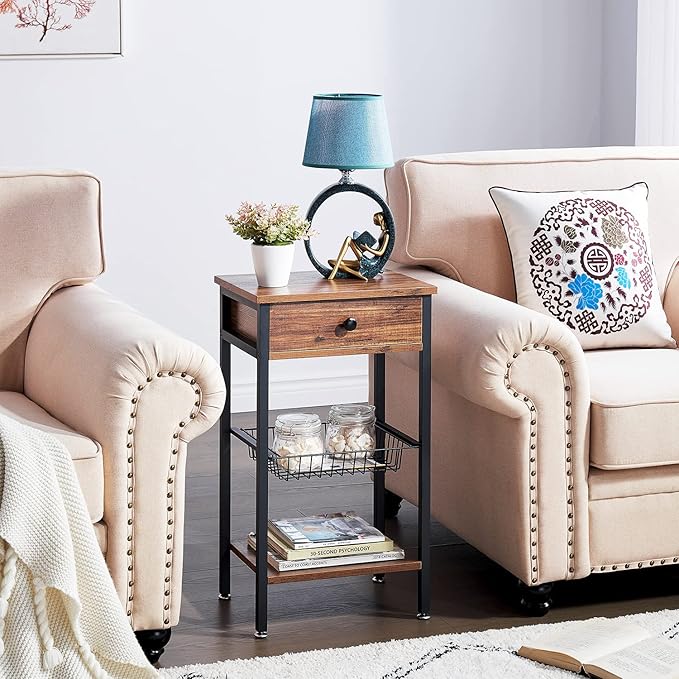 VECELO Tall End Side Tables 27 Inch Night Stand with U-Shape Basket and Storage Drawer/Shelf for Living Room/Bedroom/Small Spaces, Set of 2, Hemp Gray