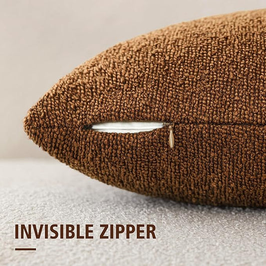 Foindtower Pack of 2 Textured Boucle Throw Pillow Covers Accent Solid Pillow Cases Cozy Soft Decorative Couch Cushion Case for Chair Sofa Bedroom Living Room Home Decor 18x18 Inch Hazel Brown