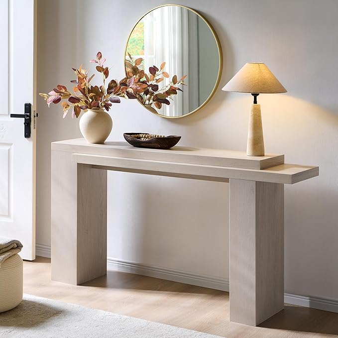 OKD 63 Inch Modern Entryway Console Table, Solid Geometry Accent Sofa Table Behind The Couch, Narrow Console Table for Entryway, Hallway, Living Room, Foyer, White Alder