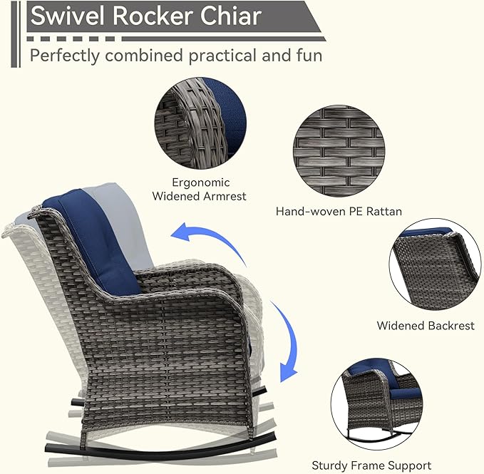 Outdoor Rocking Chair of 2, Wicker Patio Rocker Chair for Yard, Porch, Mixed Brown Grey Rattan, Blue Cushions