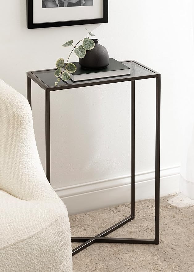 Kate and Laurel Jaspur Modern Narrow End Table, 16 x 8 x 24, Tinted Glass and Gray Metal, Decorative Contemporary Glass and Metal Side Table for Use as Bedroom Nightstand or Living Room Accent