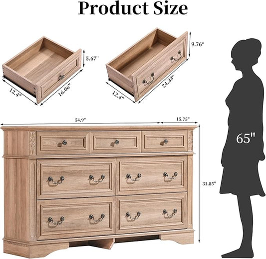 Dresser for Bedroom with 7 Drawers, 55" Wide Dresser for Storage and Organization, Farmhouse Chest of Drawers for Living Room, Closet, Hallway, Natural