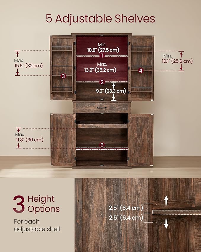 VASAGLE LIRY Collection - Pantry Cabinet, 70.3-Inch Tall Farmhouse Kitchen Storage Cabinet with Barn Doors, Drawer, Tray, Adjustable Shelves, for Kitchen, Dining Room, Hazelnut Brown UBBK364K01