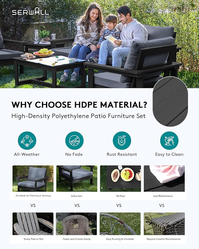 SERWALL HDPE Patio Furniture Set, 7-Piece Outdoor Sectional Sofa Set, All Weather Outdoor Couch Set for Deck, Lawn, Black Frame with Grey Cushion