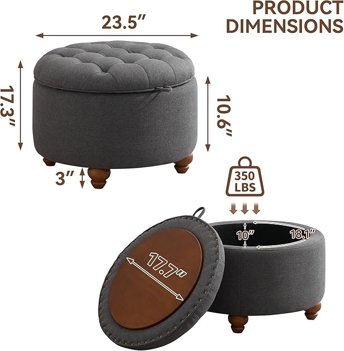 24Inch Round Storage Ottoman with Tray, Modern Tufted Fabric Circle Coffee Table with Storage, Upholstered Ottoman with Removable Top for Living Room, Bedroom, Dark Grey