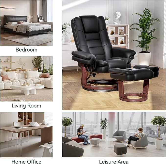 Swivel Recliner Chair with Ottoman, Adjustable PU Leather Recliner with Wood Base, Thick Padded Cushion, Modern Reclining Chair & Ottoman Set for Living Room, Bedroom, Office, Small Spaces (Black)