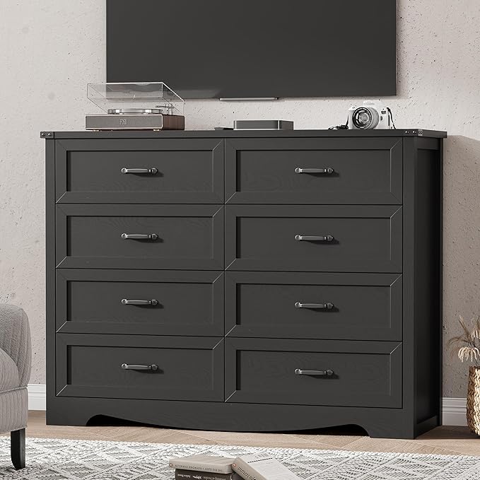 Dresser for Bedroom with 8 Drawers, 48" Wide Wood Chest of Drawers with Deep Drawers & Mental Handle, Modern Dresser TV Stand, Wooden Closet Storage Organizer for Living Room, Hallway, Entryway, Black
