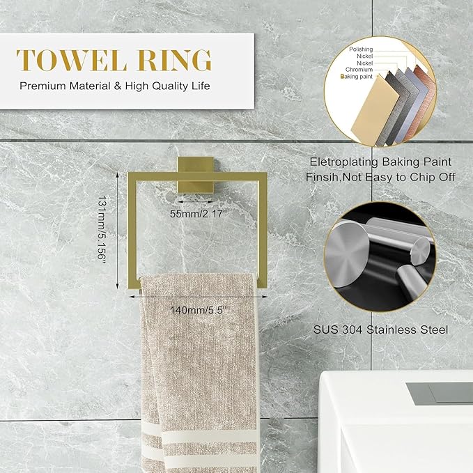 16 in Matte Bathroom Accessories Set, Bath Towel Bar Set, Stainless Steel Bathroom Hardware Set, Towel Racks for Bathroom Wall Mounted 5 Pcs (Golden)