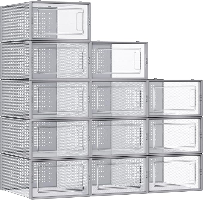 SONGMICS Shoe Boxes, Pack of 12 Shoe Storage Organizers, Stackable Clear Plastic Boxes for Closet, Sneakers, 13.1 x 9.1 x 5.6 Inches, Transparent and Gray ULSP006G12