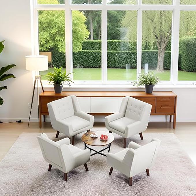 HUIMO Accent Chairs Set of 4, Upholstered Button Tufted Armchair, Linen Fabric Sofa Chairs for Bedroom, Living Room, Mid Century Modern Comfy Reading Chair (4, Beige)