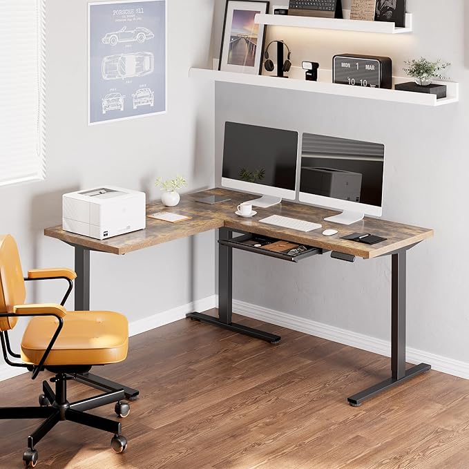 SANODESK L Shaped Electric Standing Desk with Drawer, 63 Inch Ergonomic Adjustable Height Desk with Storage, Corner Desk Sit Stand up Computer Table for Work Office Home, Rustic Brown