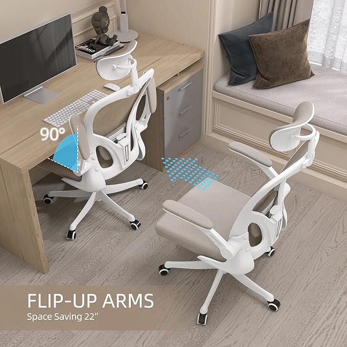 Monhey Office Chair Ergonomic Desk Chair with Lumbar Support&Headrest&Flip-up Arms Height Adjustable Rocking Swivel High Back Computer Chair Warm Taupe Mesh Study Chair (02White+Khaki)