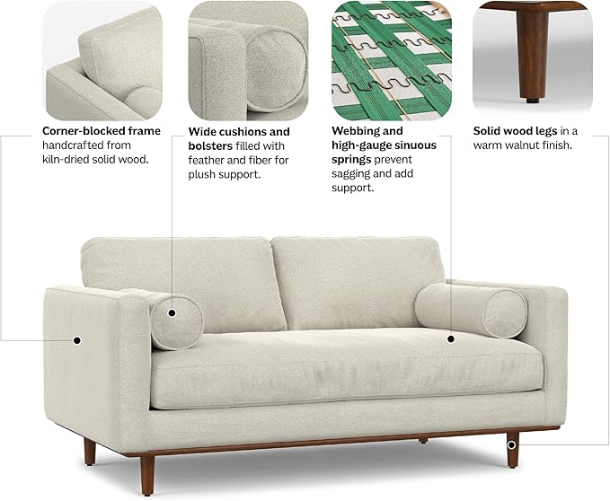 SIMPLIHOME Morrison 72-inch Wide Sofa in Cream White Woven-Blend Fabric, Handcrafted Mid-Century Modern Loveseat for Living Room or Family Room, Single Bench Cushion, Bolster Pillows