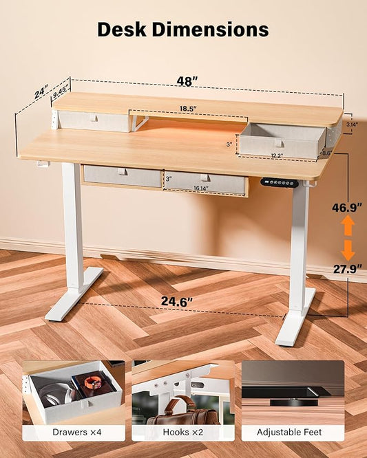 FiCiHi Adjustable Height Standing Desk with 4 Drawers,48 x 24 inches Electric Sit Stand Home Office Desk with Two Tiers, 3 Memory Presets, Monitor Stand Riser