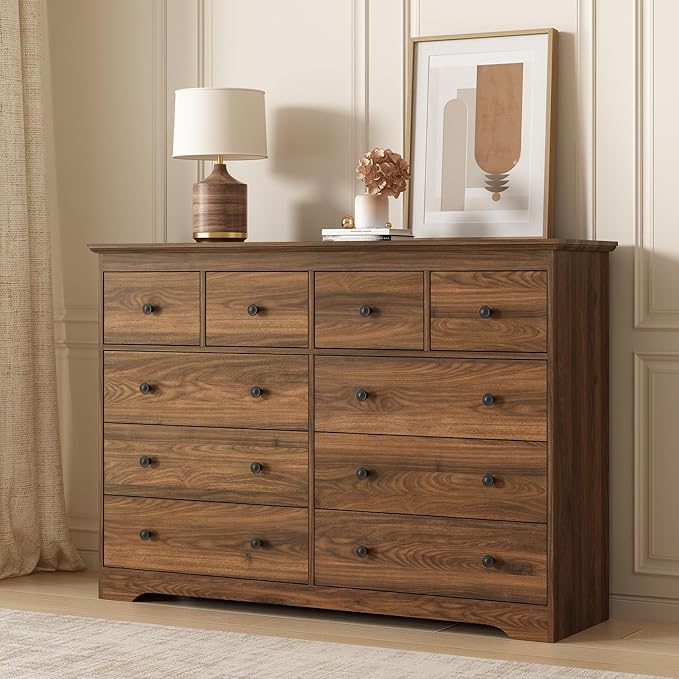 LYNSOM Modern 10 Drawer Dresser, 55.1" Wide Dressers & Chests of Drawers with Large Capacity Storage, Wood Mid Century Storage Dressers Organizer for Bedroom, Entryway, Brown