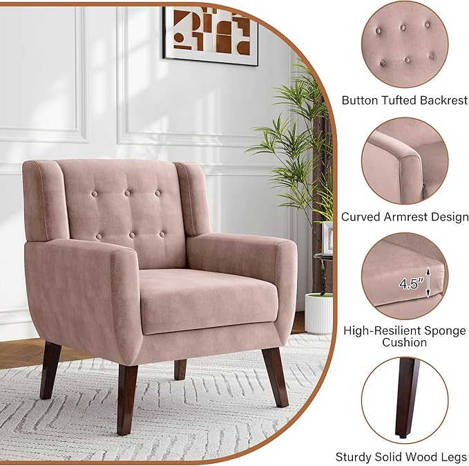 Lumibee Accent Chair, Modern Velevet Armchair for Living Room, Comfy Upholstered Arm Chair Tufted for Indoor Bedroom Office Room (Pink Velvet)