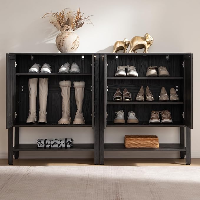 SICOTAS Rattan Shoe Storage Cabinet - 5 Tier Farmhouse Boho Shoe Storage Organizer Cabinet with Doors and Shelves, Tall Shoe Rack for Entryway, Hallway, Living Room, Closet (Obsidian)