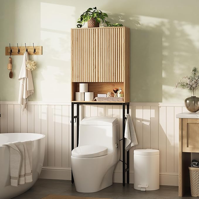 Toilet Storage Cabinet, Over The Rack Wood Cabinet with Metal Stand, Bathroom Organizer with Adjustable Shelf, Tall Freestanding Washer Shelf, Small Cupboard, Space Saver, Natural Style