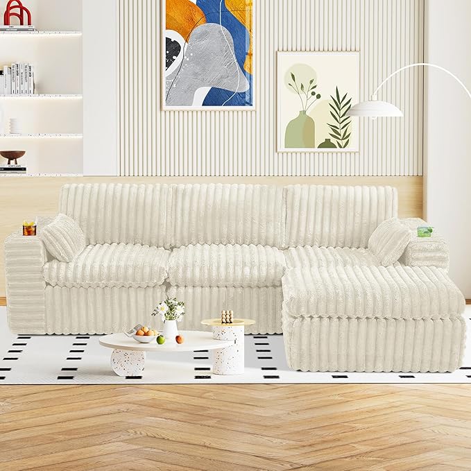 114" Cloud Boneless Sectional Couches for Living Room, Modular Sectional Sofa with Cup Holder, Cozy Fluffy L Shaped Deep Seat Boneless Couch with Storage Pocket, No Assembly Required, Beige