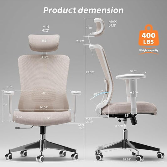 Ergonomic Office Chair, Mesh Desk Chair with Adjustable Headrest and 2D Armrest,Computer Chairs with Lumbar Support, Big and Tall Office Chair 400lbs, Large (01khaki)