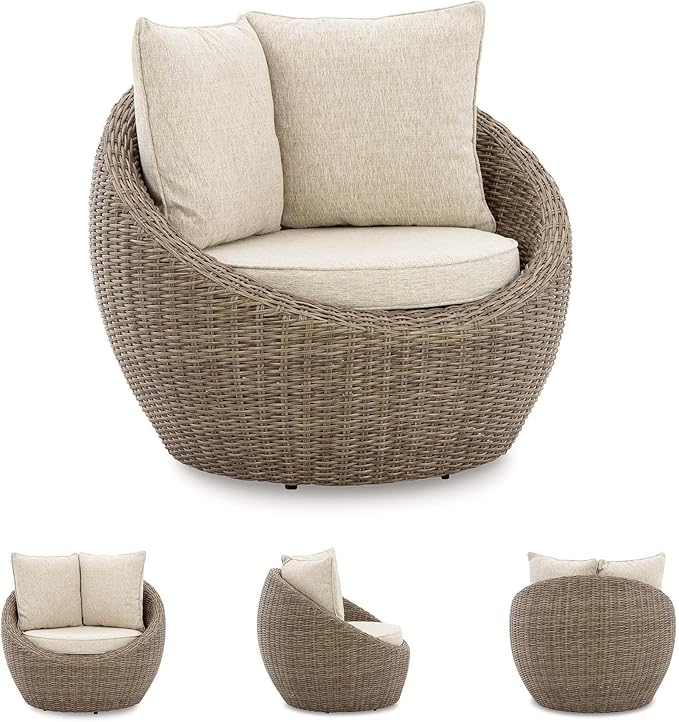 Signature Design by Ashley Danson Outdoor Lounge Chair with Cushion and 360-Degree Swivel, Set of 2, UV-Resistant Performance Fabric and Resin Wicker, Light Brown