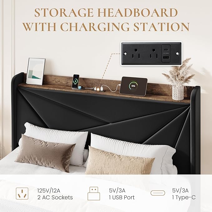 SHA CERLIN Full Size Bed Frame with 3 Drawers, USB & Type-C Charging Ports, Velvet Upholstered Platform Bed with Modern Geometric Wingback Storage Headboard, No Box Spring Needed, Easy Assembly, Black