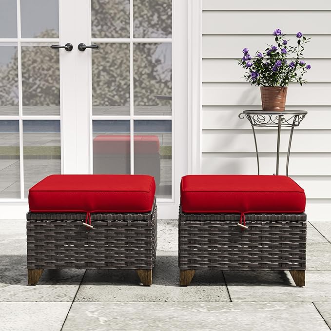 2 Pieces Patio Outdoor Ottomans with Removable and Washable Covers,PE Rattan Wicker Footstools for Porch, Garden, Sunroom (Red)