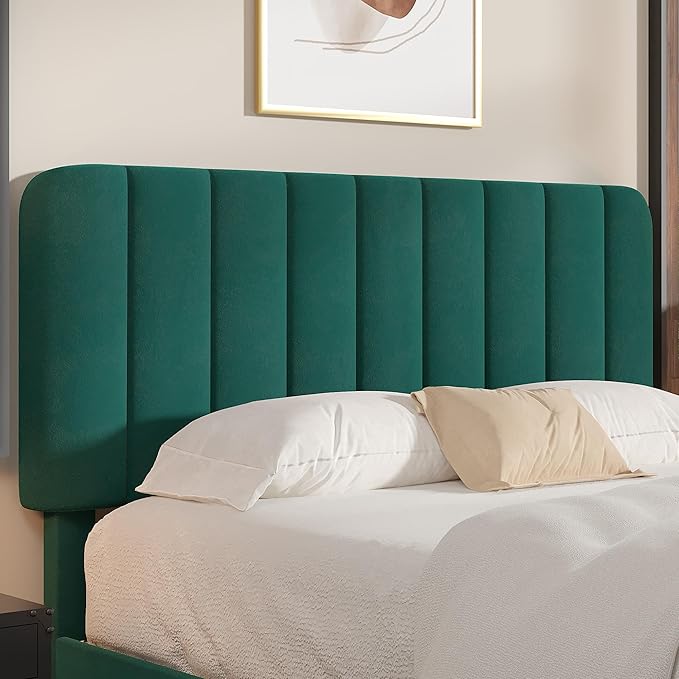 VECELO Queen Size Bed Frame with Upholstered Headboard, Velvet Platform Bedframe Mattress Foundation, Strong Wood Slat Support, No Box Spring Needed,Green