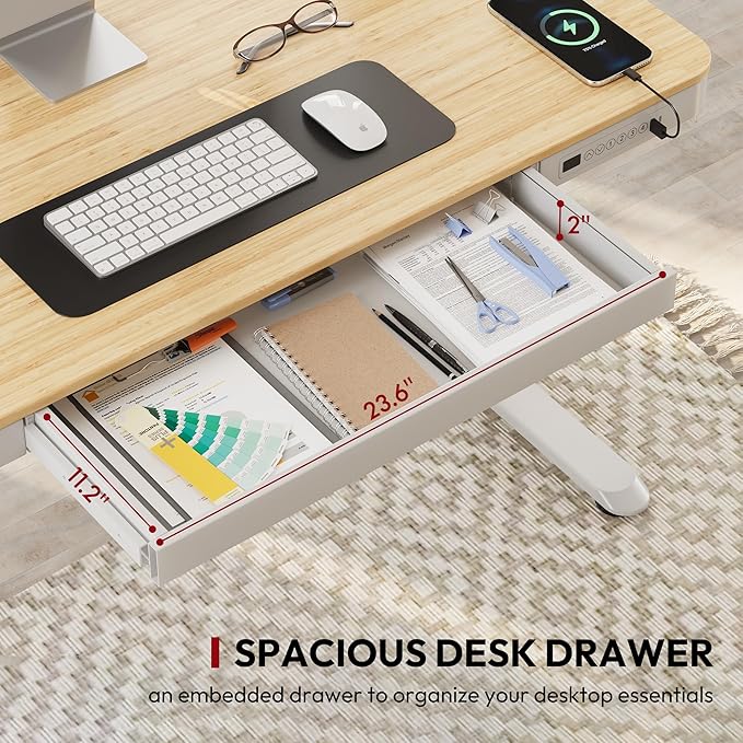 Standing Desk with Drawer, Electric Height Adjustable Home Office Desk with Storage & USB Ports, 48 inch Bamboo Texture Tabletop/White Frame