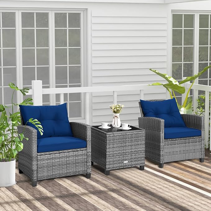 Tangkula 3 Pieces Patio Furniture Set, Outdoor PE Rattan Conversation Chair Set with Tempered Glass Side Table and Removable Cushions, PE Wicker Chairs and Table Set for Porch, Balcony and Garden