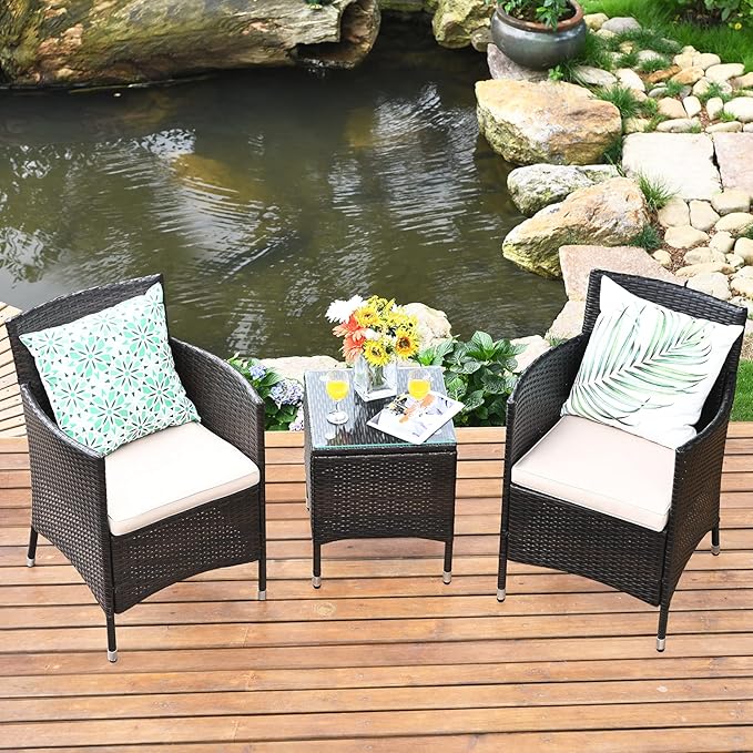 COSTWAY 3 PCS Patio Furniture Set, Outdoor Wicker Conversation Set with Tempered Glass Coffee Table, Seat Cushions, Rattan Wicker Chairs for Poolside Balcony Porch Backyard, Beige