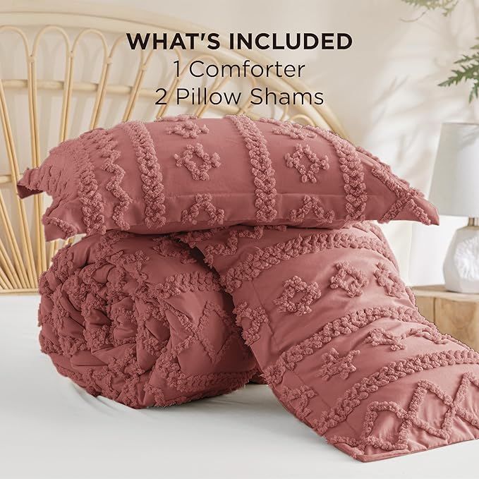 Bedsure Tufted Boho Comforter Set King Size - Grayish Pink Boho Bed Set, GentleSoft™ 3 Pieces Farmhouse Shabby Chic Embroidery Bedding, Gifts for Woman, Soft Jacquard King Comforter for All Seasons