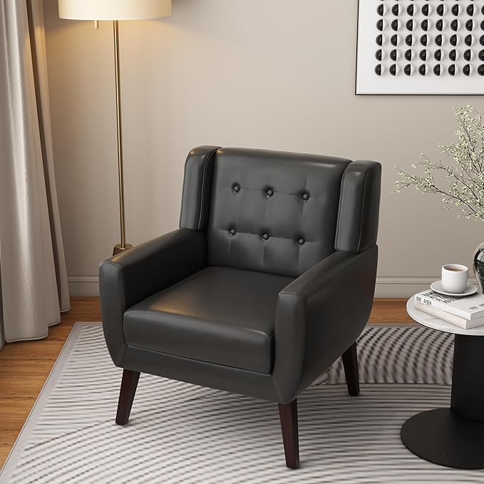 Accent Chair, Mid-Century Modern PU Leather Chairs with Arms for Living Room, Comfy Upholstered Club Single Sofa Armchair for Bedroom Waiting Room with Solid Wood Frame(Leather Black, Set of 1)