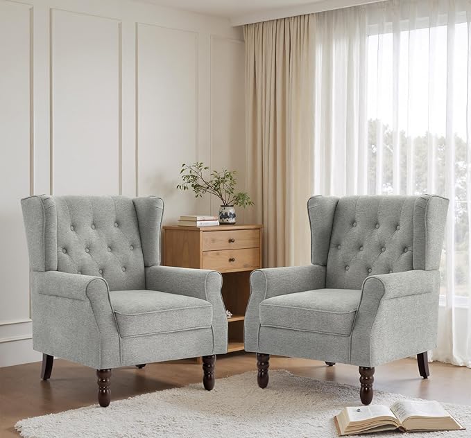 Lumibee High Back Accent Chair Set of 2,Upholstered Wingback Armchair with Solid Wood Legs for Small Spaces,Comfy Single Sofa Chair for Living Room,Bedroom,Office-Light Gray