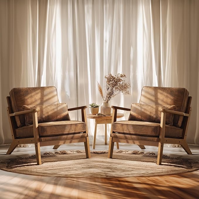 VINGLI Solid Wood Wide Armrests Accent Chair Set of 2,Upholstered Mid Century Modern Chair with Pillow,Farmhouse Arm Chair Comfy Reading Chair,Chairs Living Room,Bedroom,Guest Room,Suede,Rustic