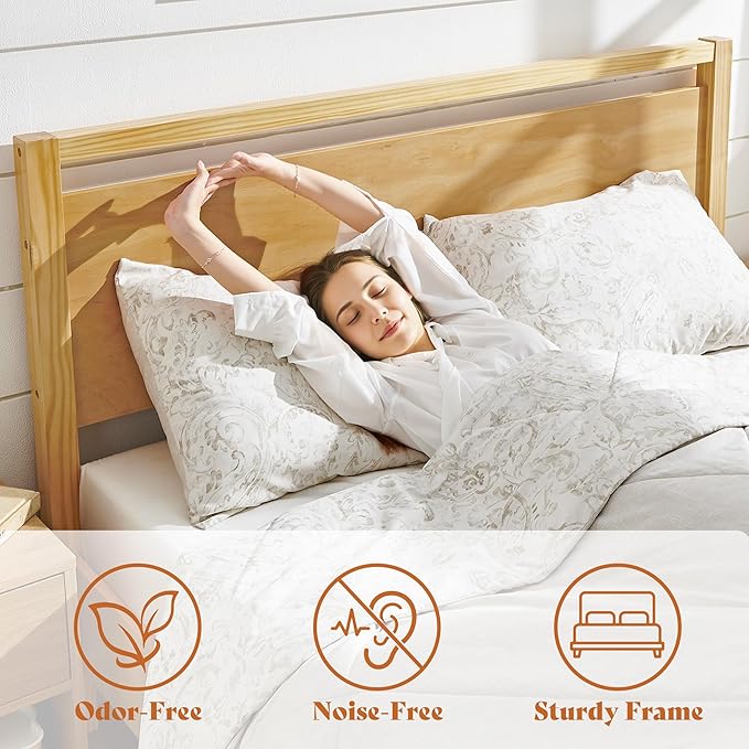 AMERLIFE King Size Solid Wood Bed Frame with Headboard, Minimalist Platform Bed with Wooden Slats Support/No Box Spring Needed/Easy Assembly, Natural
