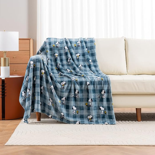 Berkshire Blanket Peanuts® VelvetLoft® Cute Character Snoopy Plush Throw Blanket,Peanuts Snoopy Everyday Buffalo Plaid Navy Tonal,Throw 55 in x 70 in (Official Peanuts® Product)