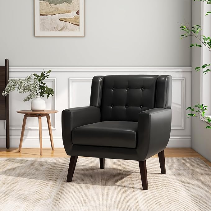Accent Chair, Mid-Century Modern PU Leather Chairs with Arms for Living Room, Comfy Upholstered Club Single Sofa Armchair for Bedroom Waiting Room with Solid Wood Frame(Leather Black, Set of 1)