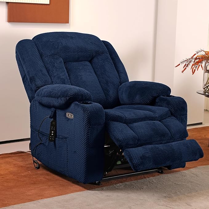 EONIX Lay Flat Power Lift Recliner Chair with Heat and Massage, Dual Motor Electric Lift Chair for Elderly for Postoperative Recovery, 400lbs Heavy Duty, Cup Holders, Lumbar Pillow, Navy Blue