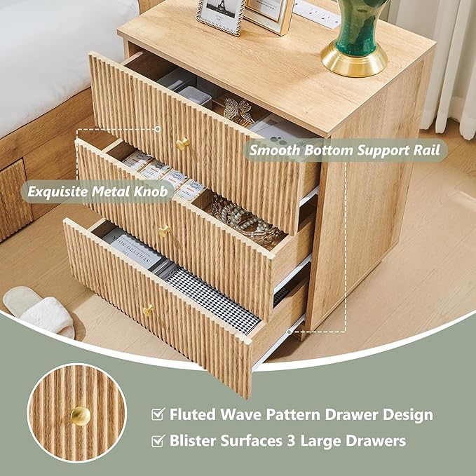 Fluted Night Stand with Charging Station, 21.65" Nightstand with Drawer, 3 Drawer Dresser for Bedroom, Morden End Table Bedside Table Chests of Drawers for Bedroom, Living Room, Natural
